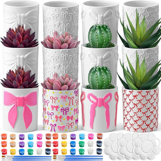 Zubebe 12 Pcs Paint Your Own Flower Ceramic Pots with Drainage Hole, 4 Style Pink Bow Unfinished Succulent Pots Painting Kit Mini Paintable Vase for Bow Party Craft Gift Girls Night DIY Art Activity
