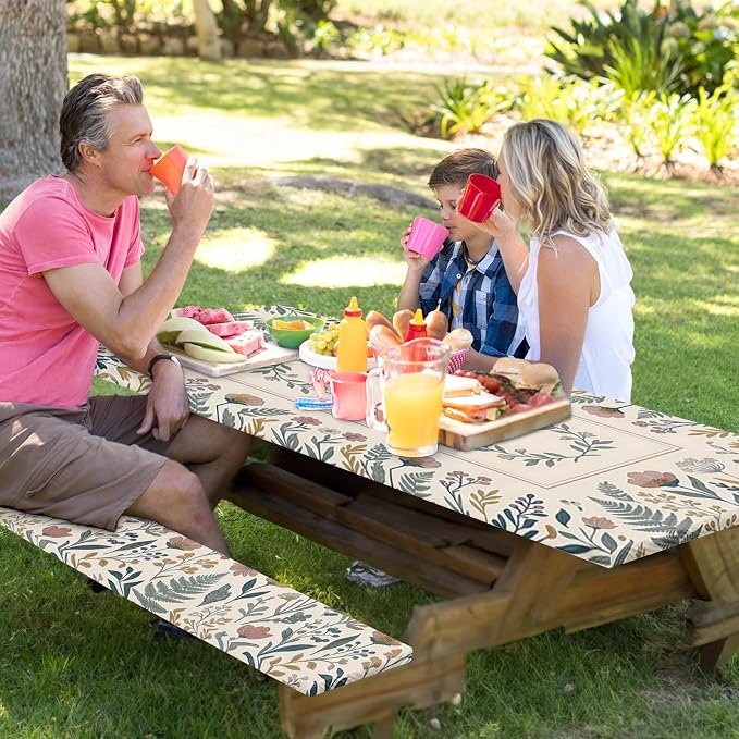 Picnic Table Cover with Bench Covers Elastic Edges, Floral Vintage Camper Fitted Table Cover, Outdoor Camping Essentials 72 Inch 3PCS, Waterproof Camping Fitted Tablecloth with Drawstring Bag