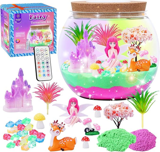 Hannstar Fairy Garden Kits for Kids - Light Up Terrarium kit Birthday Gift for Girls Ages 4 5 6 7 8 10 12 Years Old - Creative Garden Toys for Girls - DIY Arts and Crafts Kit for Kids