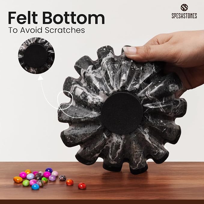 Marble Small Decorative Bowl 6 Inch Handmade Black Ruffle Bowl, Scalloped Bowls for Tables Centerpieces & Housewarming Gifts, Fluted Ring Dish, Fruit & Key Bowl for Entry Table