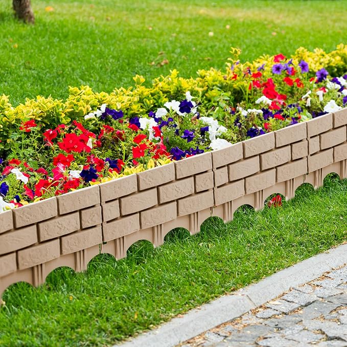 Landical 16 Pcs Imitation Stone Garden Fence, Faux Stone Retaining Wall Look Garden Bricks Border with Ground Stakes, 17.3 x 12.6 in Gray Plastic Edging Blocks for Flower Beds, Lawn, Mulch (Yellow)