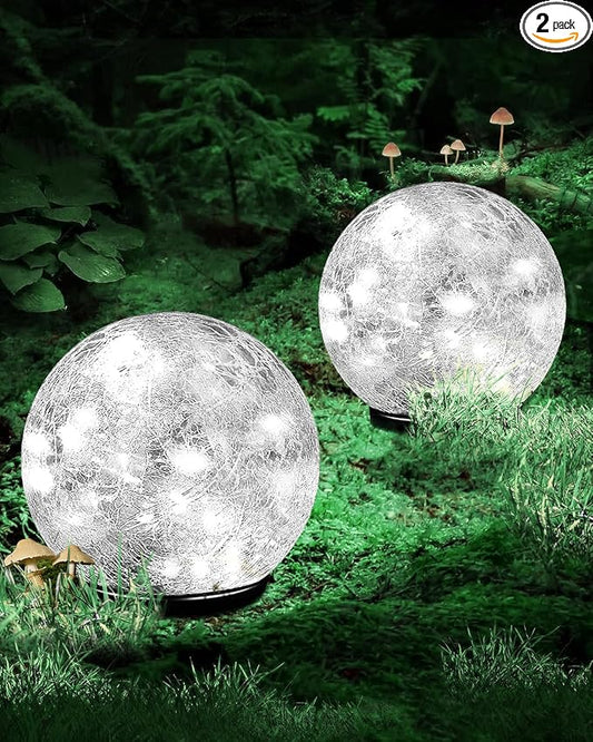Garden Solar Ball Lights Outdoor Waterproof, 50 LED Cracked Glass Globe Power Ground for Path Yard Patio Lawn, Outdoor Decoration Landscape White 02(2 Pack 4.7'')