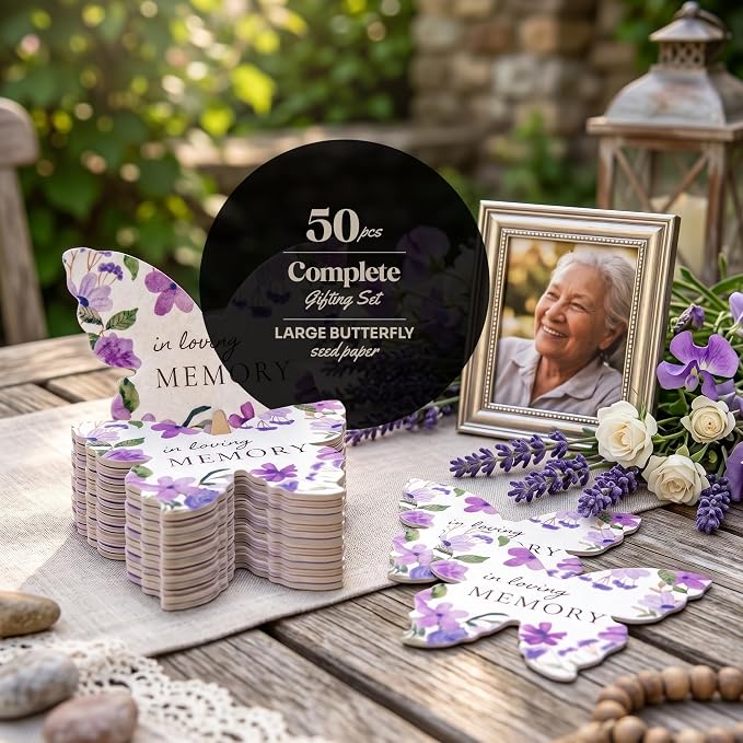 50pcs in Loving Memory Butterfly Memorial Gift Tags – Plantable & Writable Wildflower, for Funeral Favors, Sympathy Gifts for Loss of Father and Mother Gifts