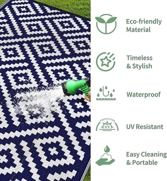 GENIMO Outdoor Rug for Patio Clearance, 9'x18' Waterproof Camping Mat, Reversible Plastic Straw Rugs for RV, Camper, Balcony, Backyard, Picnic, Deck (Navy Blue & White)
