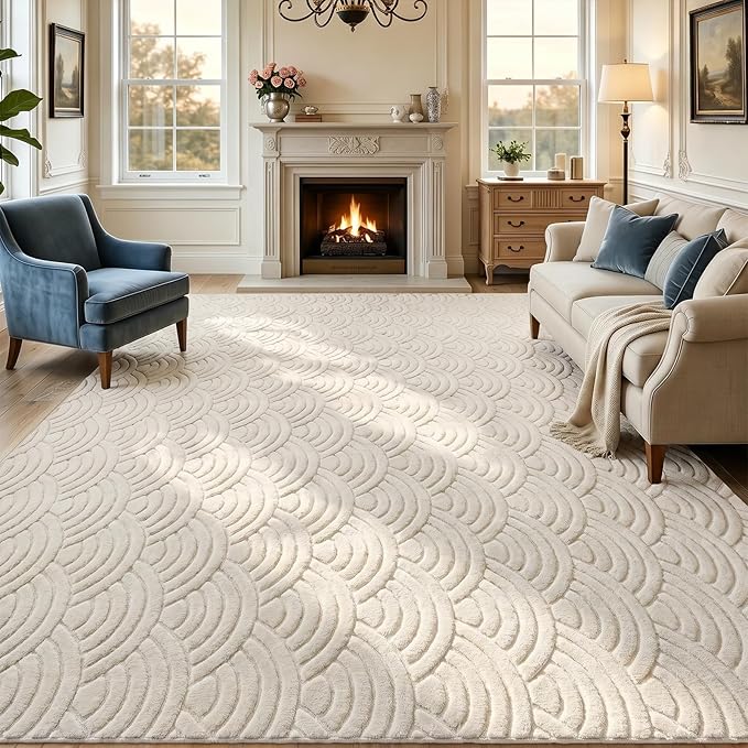SHACOS Soft Fluffy Arch Waves Pattern High-Low Textured Area Rug 8'x10' | Cozy Large Non Slip Washable Minimalist Rug Modern Graphic Rainbow Carpet for Living Room Bedroom Dining Room, Cream