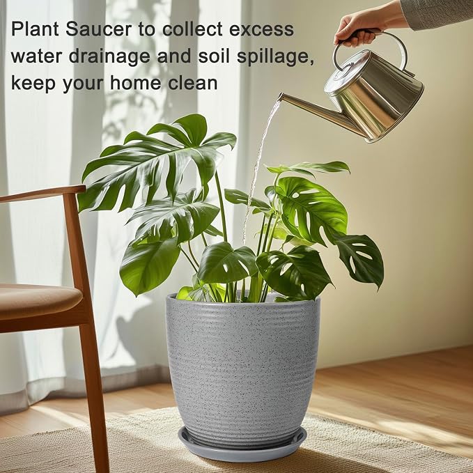 Plant Pot Saucers - Ceramic Plant Saucers for Outdoors 12 inch Plant Trays for Indoors No Holes Plant Drainage Trays Round Flower Pot Saucers Plant Plates to Catch Water 2 Pack Gray