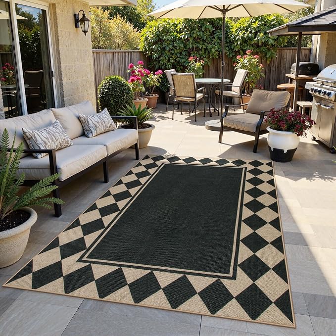 Moynesa Easy Jute Outdoor Rug 5x7 Area Rugs, Washable Checkered Rugs for Living Room Non Slip, Farmhouse Neutral Carpet for Backyard Dining Room Balcony, Black Grid Pattern