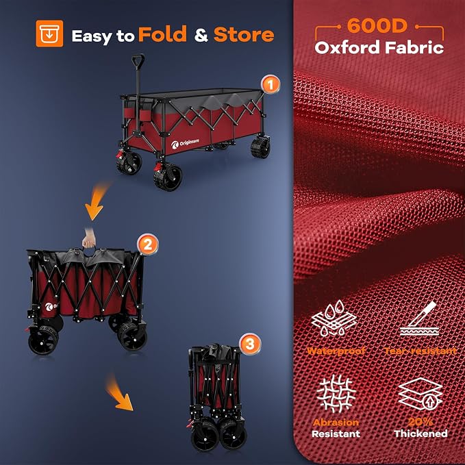 48" L Folding Beach Wagon Cart Foldable, 560lbs Weight Capacity 300L Heavy Duty Collapsible Wagons with Big All-Terrain Wheels, Utility Carts for Groceries, Shopping, Camping, Sports - Grey&Red