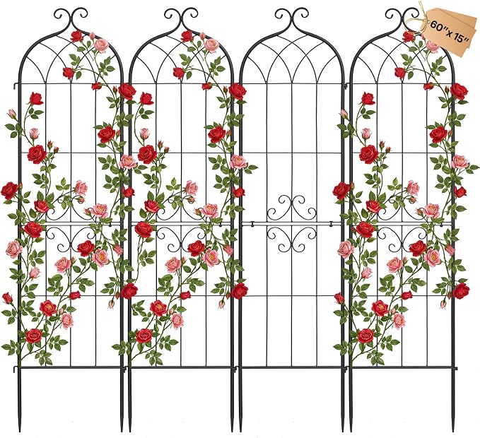 VEVOR Garden Trellis, 60 x 15 inch Rose Trellis, 4 Packs Garden Flower Rose Trellises with Powder-Coated Finish & Convenient Locking Design, Plant Support Trellises for Flowers, Vegetables, Roses