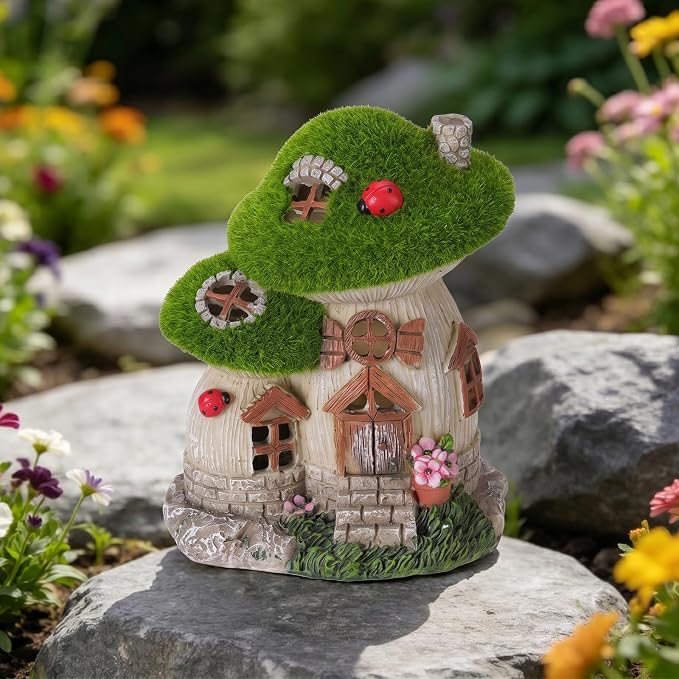 Mushroom Fairy Garden House, Solar Fairy House for Outside Decor, Outdoor Yard Garden Statues for Lawn, Balcony Patio, Outdoor Figurine Lights Gifts for Mom Women