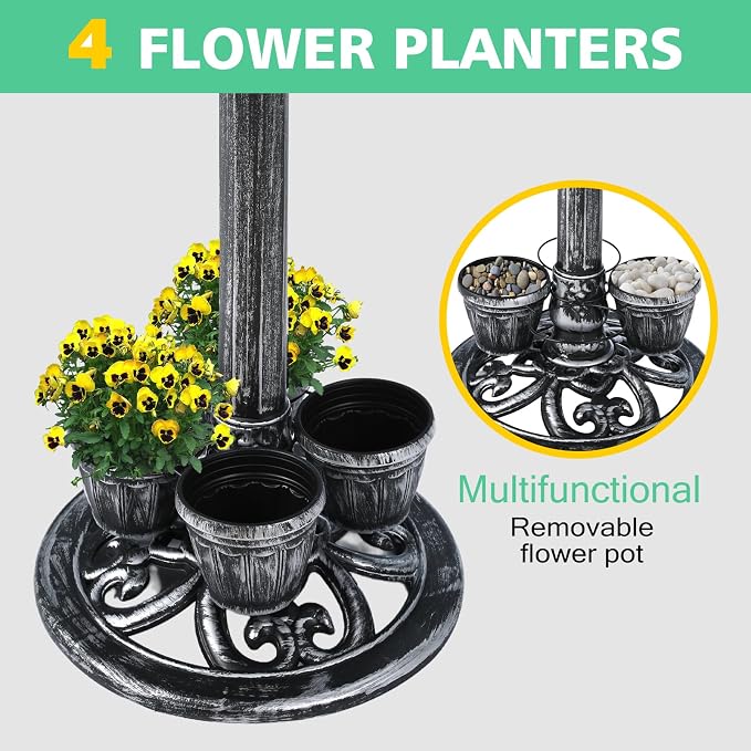 Bird Bath for Outside with 4 Removable Flower Planters 28in Polyresin Lightweight Vintage Birdbath for Outdoors Stake Standing Bowl and Water Feeder Yard Garden Decor Black
