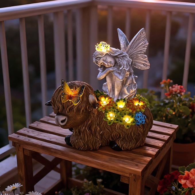 Angel Garden Decor Statue Solar Angel Sitting on Highland Cow Succulent Butterfly Bee LED Lights Outdoor Decorations for Yard Patio Housewarming Gift for Mom Women