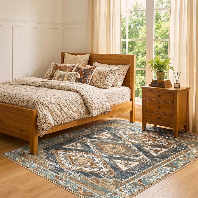 Washable 4x6 Area Rug for Office, Rustic Farmhouse Low-Pile Non-Slip Carpet, Stain Resistant Vintage Southwestern Small Rug for Kitchen Bedroom Entryway, Blue Rust Ivory