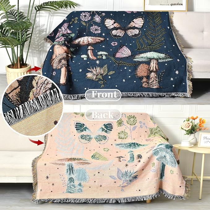 Boho Throw Blanket Reversible Cotton Bohemian Tapestry Hippie Room Decor Double Sided (Mushroom 50"x60")