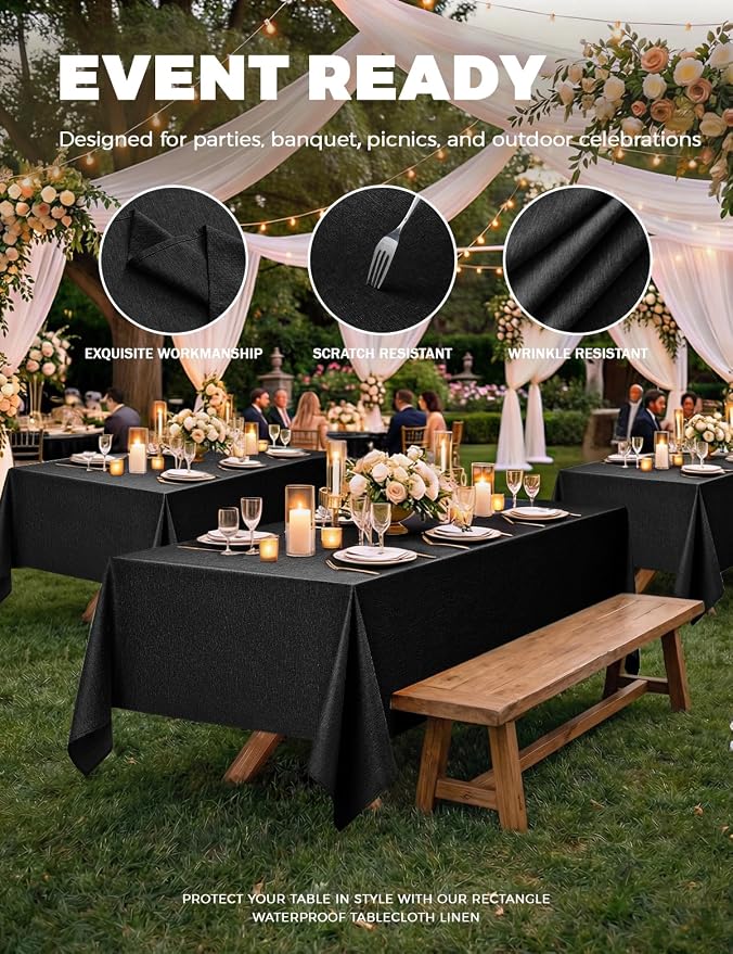 Decorelia Washable Black Rectangular Table Cloths for 6 Ft Table-6 Pack, Polyester Rustic Faux Linen Waterproof Rectangle Table Cloth Cover for Wedding,Outdoor,Events,Party,Banquet,Dining, 60x102 Inch