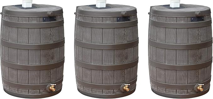 Good Ideas Rain Wizard 50 Gallon Plastic Outdoor Home Rain Barrel Water Storage Collector with Brass Spigot and Flat Back Design, Oak (3 Pack)