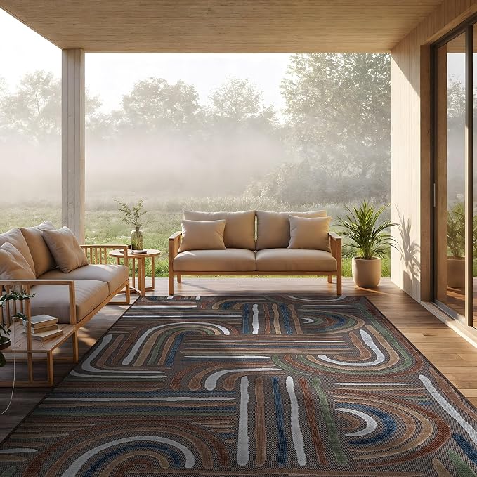 CAMILSON Indoor Outdoor Rug, Brown 9x12 Geometric Arch Striped Large Area Rugs for Patio and Home Areas, Easy-Cleaning Non-Shedding Living Room, Garden and Deck Washable Outside Carpet (9 x 12)