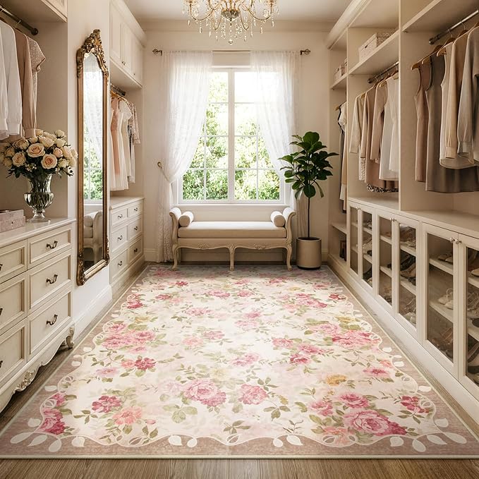 Lahome Washable Area Rug 6x9,Nursery Rug Girl Pink Dorm Rug | Vintage Girls Rugs for Bedroom Ultra-Thin Non Slip Carpet for Playroom Closet Dorm Room Decor Nina (6'X9',Beige)
