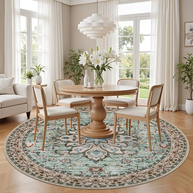 Round Area Rug for Living Room: 6ft Boho Washable Rug Brown Green | Vintage Boho Soft Round Rug Indoor Floor No Slip Carpet Stain Resistant Rugs for Bedroom Dining Room Nursery Home Office