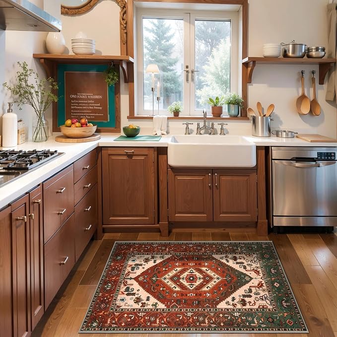 SERISSA 2x3 Washable Non Slip Boho Small Area Rug for Entryway | Ultra Soft Vintage Oriental Carpet Low-Pile Terracotta Green Indoor Mat for Bedroom Kitchen Bathroom Entrance Floor