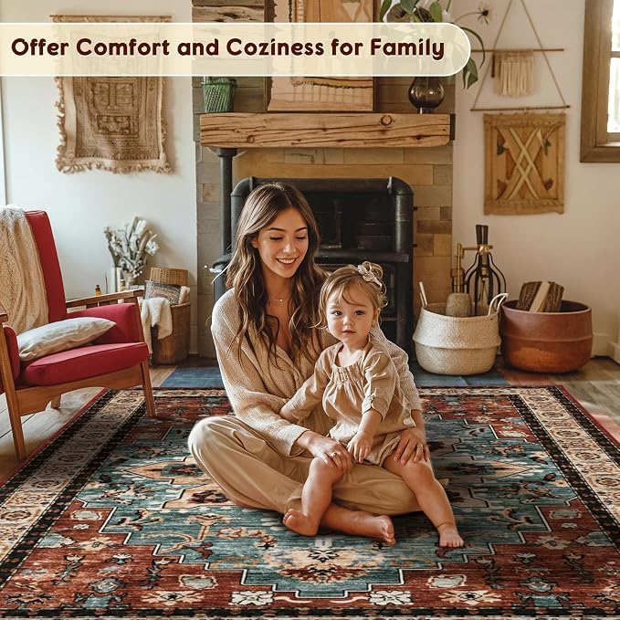 LBRO2M Machine Washable Rug Soft Pet Friendly Carpet 6X9 Red Teal | Area Rug 6X9 for Living Room, Bedroom, Dining Room, Home Office, Non Slip Carpet, Foldable Stain Resistant Rugs