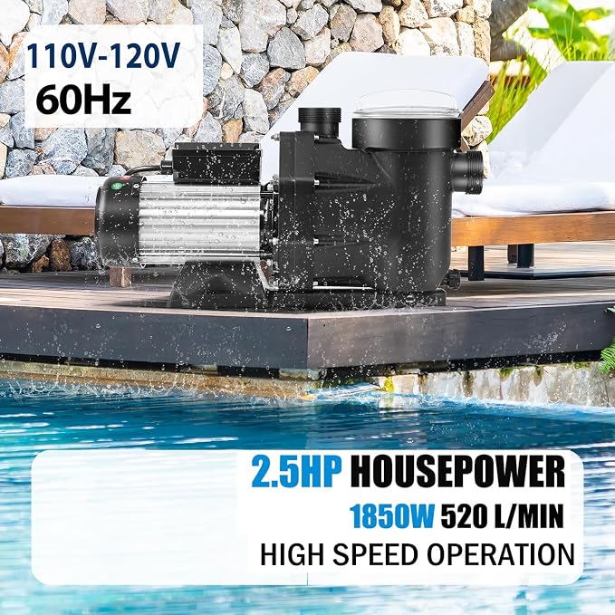 Leomru 2.5 HP Pool Pump 8880 GPH Self Priming in/Above Ground Swimming Pool Pump 110V Single Speed Pumps with Strainer Basket 6Pcs Connectors