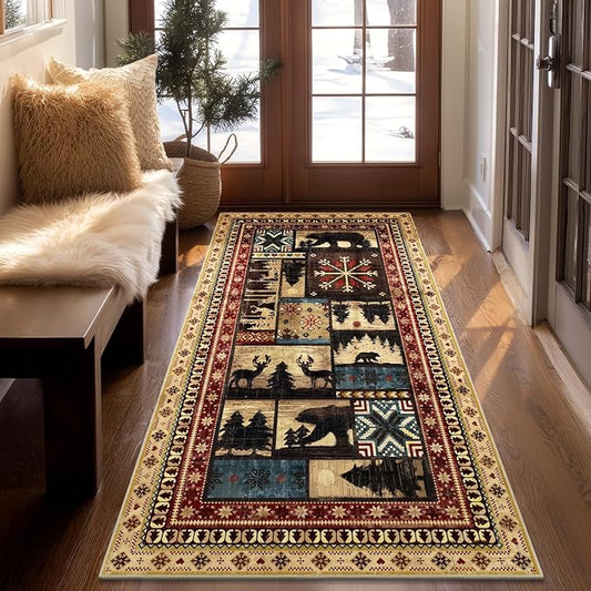 LOKHOM 3x6 Hallway Runner Rug, Non Slip Washable Western Cabin Bear Rugs | Bear Pattern, Low Pile Soft Kitchen Rug, Vintage Wildlife Accent Carpet Runner, For Laundry Bedroom Entryway Nursery