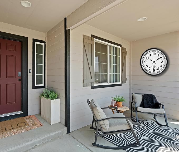 JENLYSTIME 12 Inch Indoor/Outdoor Retro Waterproof Wall Clock with Thermometer Silent Round Quartz Battery Operated Easy to Read Decorative for Kitchen Patio,Bathroom,Deck,Porch,Pool(Silver)