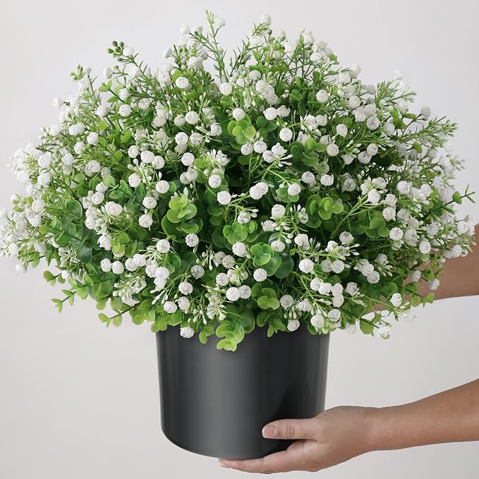 Artificial Eucalyptus with Baby's Breath Topiary Ball Trees - 2 Set Plastic Faux Eucalyptus Plants in Pot, Sun Resistant Fake Greenery Potted Bushes for Front Door Farmhouse Garden Porch Decor