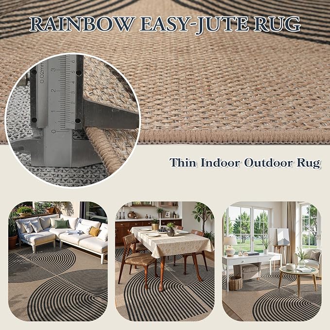 Lahome Modern Rainbow Easy Jute 6x9 Rug, Large Living Room Carpet Washable Outdoor Patio Dining Room Rug, Non Slip Indoor Outdoor Carpet for Backyard Deck Office Decor