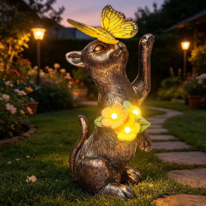 Solar Cat Garden Statues Outdoor - Waterproof Resin Cat Figurine with Butterfly Light -Outside Sculptures Decor for Yard Lawn Patio, Birthday Gifts for Women Mom