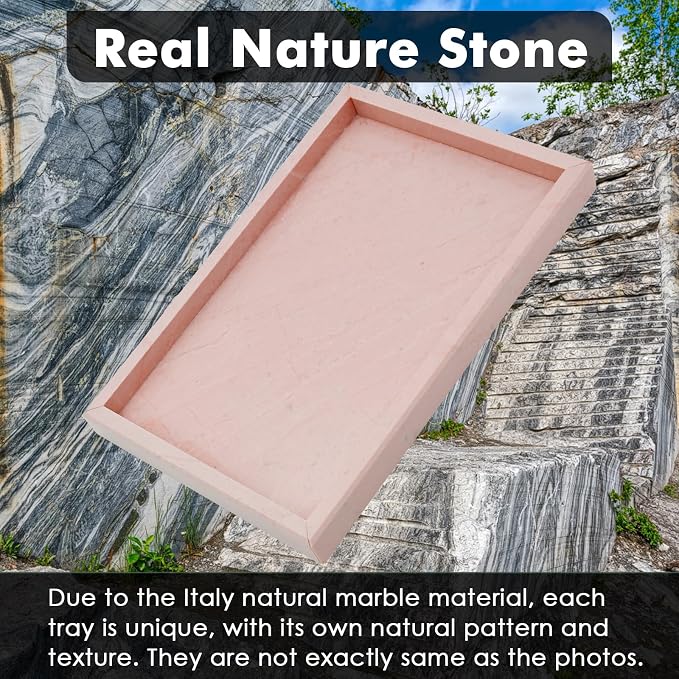 Real Natural Marble Tray for Bathroom, Vanity, Kitchen and Desktop, Rectangle Genuine Marble Stone Tray for Jewelry, Cosmetics, Candles, Lotion, Perfume (Pink, 12" x 8" x 1.2")