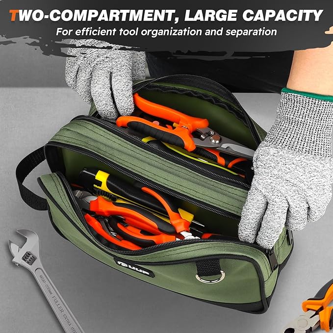 UUP 12" Tool Bag, Divider Zipper Pouch Handle Waterproof Tool Box Organizer | Heavy-duty oxford, smooth zipper green. Small storage case for tools. Great for car, truck, work, electrician mechanic gift