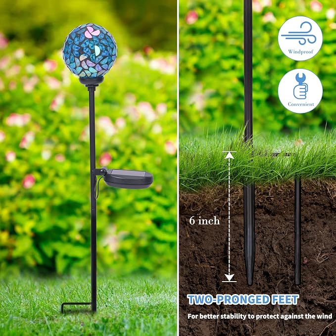 Solar Outdoor Decorative Light, Mosaic Stake for Yard Decor, 3.5" | 2 Pack Crackle Glass Sphere Mosaic Glass Ball Stake, Waterproof Design & Solar Lights for Lawn, Yard & Pathway Decor, Blue
