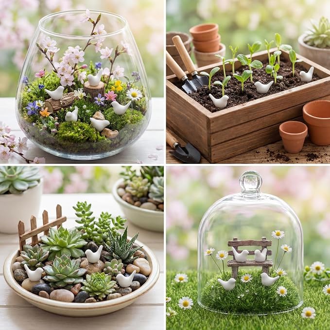 Sieral 100 Pcs White Mini Bird Figurines Miniature Resin Bird Statues Small Animal Statues Fairy Garden Accessories for Micro Garden Landscape Dollhouse Cake Potted Plants DIY Craft, 0.59" x 0.67"