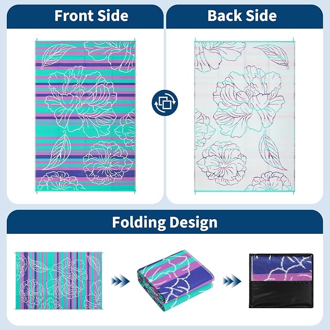 Garvee 6x9 Outdoor Waterproof Rug, Floral Outdoor Area Rug，Reversible Plastic Straw Patio Rug, Portable Camping Mat for RV, Picnic, Beach, Balcony, Garden & Camping Purple&Blue