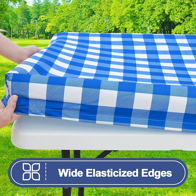 Smiry Picnic Table Cover with Bench Covers, Waterproof Elastic Fitted Tablecloths for 5 Foot Rectangle Tables, Washable Buffalo Plaid Tablecloth for Camping, Outdoor (Blue & White, 30"x60")