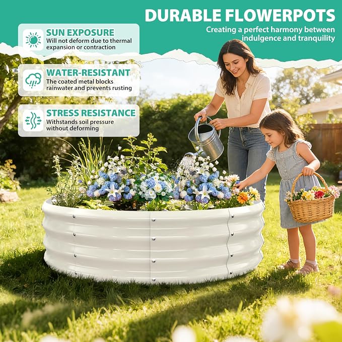 YSEJOMP 4FT Diameter Galvanized Garden Raised Bed/Plant Box/Fire Pit Ring - 0.8mm Thick,12 Inch Tall,Perfect for Planting a Variety of Flowers,Herbs,Vegetables (Cream White, 48 Dia X 12inches)