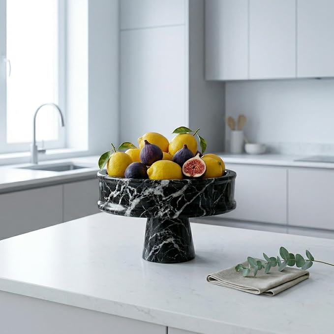 Marble Fruit Bowl for Kitchen Counter, 10" Handcrafted Natural Stone Decorative Bowl, Catch-All Key Dish, Dining Table Centerpiece, Pedestal Bowl, & Housewarming Gift (Black Marble)