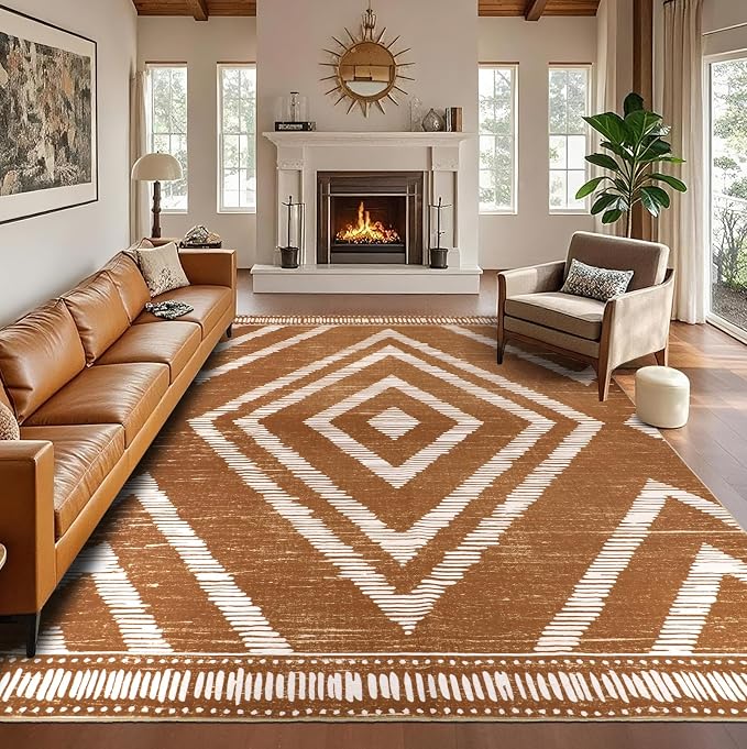 Boho Washable Area Rugs 6x9ft, Moroccan Soft Brown Living Room Nursery Rugs Non Slip, Low Pile Large Bedroom Floor Carpets for Dining Room Bathroom Office Farmhouse