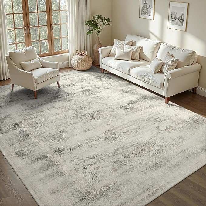 DCX Washable 6x9 Beige Rug Stain Resistant Distressed Vintage Rug | Kid & Pet Friendly with Rubber Back Non Slip Soft Low Pile Large Carpet for Living Room, Bedroom, Home Office