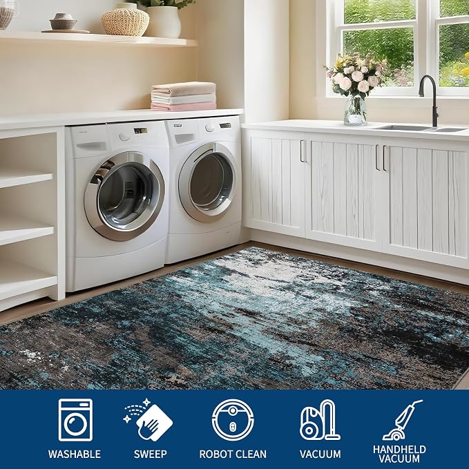 GarveeHome Abstract Area Rugs 5x7 Ultra-Soft Modern Indoor Blue Green | Non-Slip Backing, Stain-Resistant Low Pile Floor Cover, Colorful Indoor Mat, Bedroom, Kitchen, Laundry