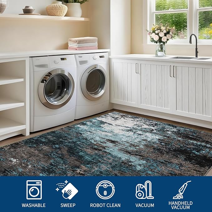 GarveeHome Machine Washable Runner Abstract Hallway Rugs 2x6 Blue Green | Non-Slip Backing, Stain-Resistant Low Pile Floor Cover, Colorful Indoor Mat, Bedroom, Kitchen, Laundry