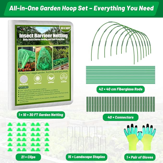 Tetutor Garden Mesh Netting Kit,7 Sets Wide Garden Hoops with 10x30 ft Garden Covers Bird Netting& 12 Clips, Garden Protection for Raised Beds Greenhouse Vegetable Plants Flowers Green