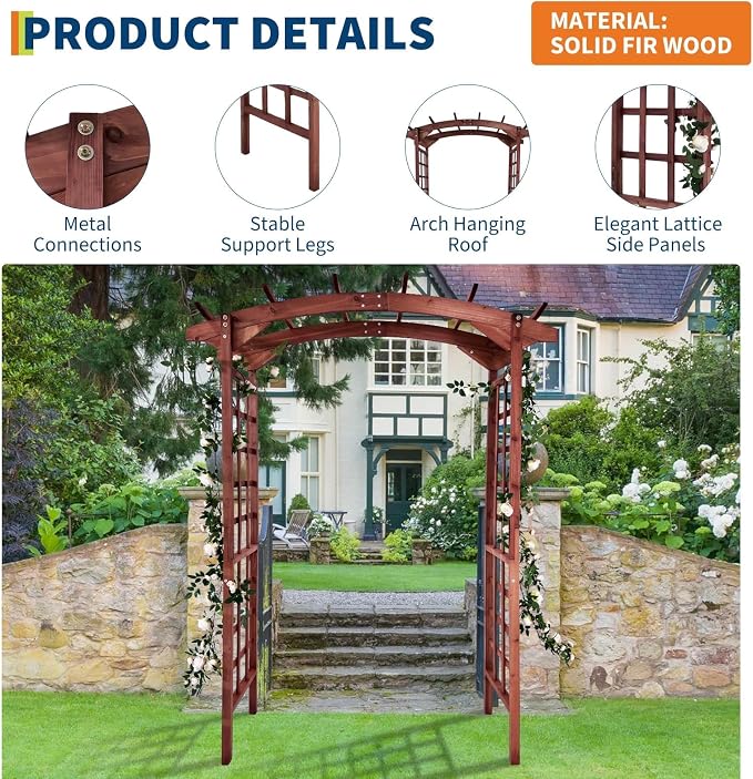 Garvee 85 in Wooden Garden Arbor,Solid Fir Wood Trellis for Plant Climbing,Wedding Ceremony Decoration Pergola for Garden Backyard,Lawn,Teak
