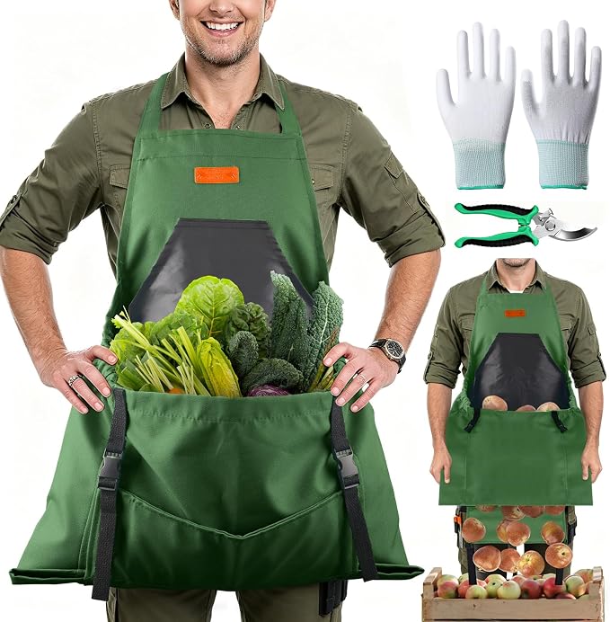 3PCS Gardening Apron, Harvest Apron with Shears and Gloves for Women, Men | Cross-Back, Large Quick Release Pocket, 600D Oxford Fabric, Heavy-Duty Garden Apron for Fruit Picking, Field Work, Harvesting
