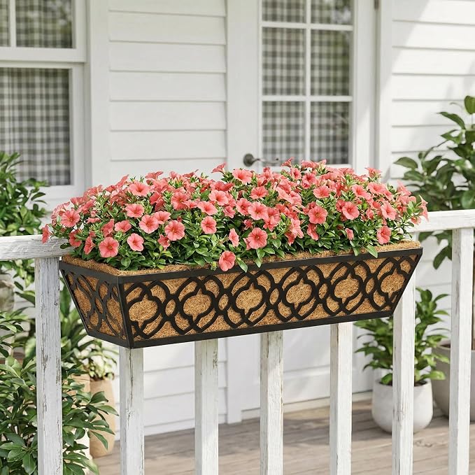 Y&M Deck Railing Planter Boxes, Adjustable Balcony Planter for Outdoor Plants, Metal Railing Planter Box for Deck, Fence and Porch, Window Boxes Outdoor, Sturdy Hanging Planter-24inch 2pcs