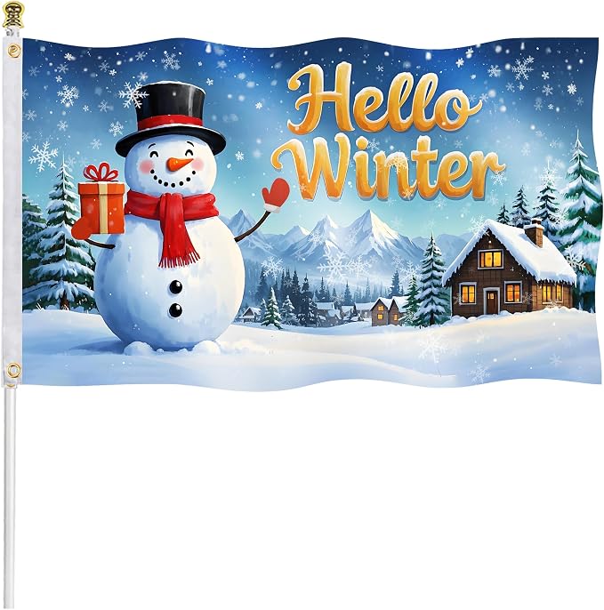 3x5ft Hello Winter Flag – Double-Sided Christmas Yard Flag with 2 Brass Grommets & White Sleeve, Outdoor Holiday Decoration for Garden, Porch, and Patio