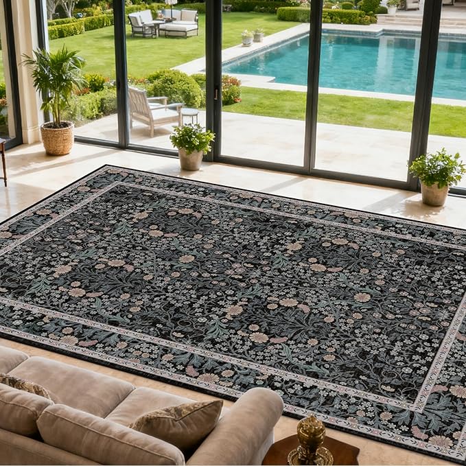 Extra Large 10x14 Area Rug for Living Room, Washable Rugs for Dining Room, Bedroom, Non Slip Stain Resistant Carpet, Low Pile Vintage Floral Rug (Black)