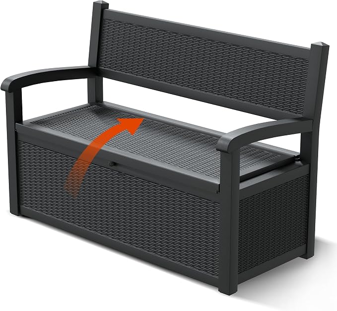 80 Gallon Outdoor Storage Bench, Resin Patio Storage Bench with Armrest, Lockable Deck Boxes Outdoor Waterproof and UV Resistant for Patio Cushions, Garden Tools and Pool Supplies, Black